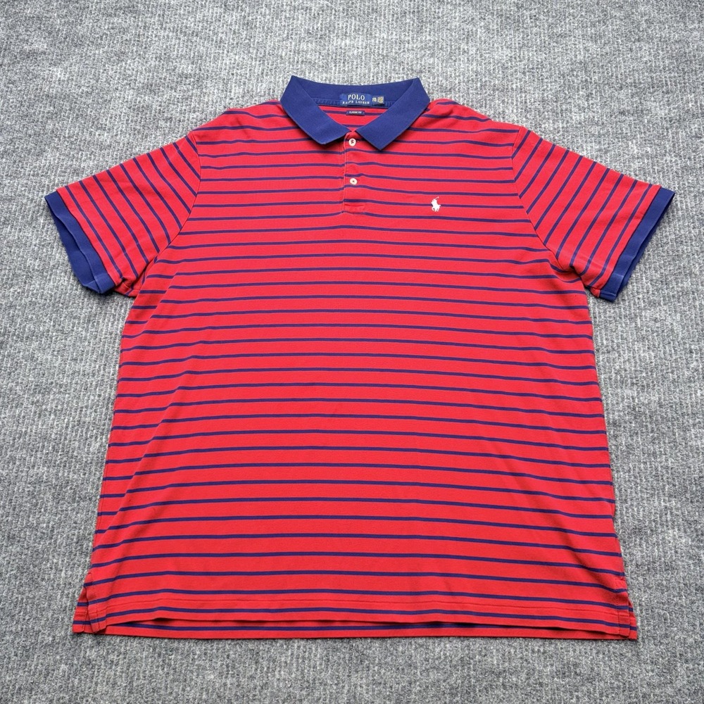 Polo Ralph Lauren Polo Shirt Mens 2XL Red Navy Striped Classic Fit Cotton Top